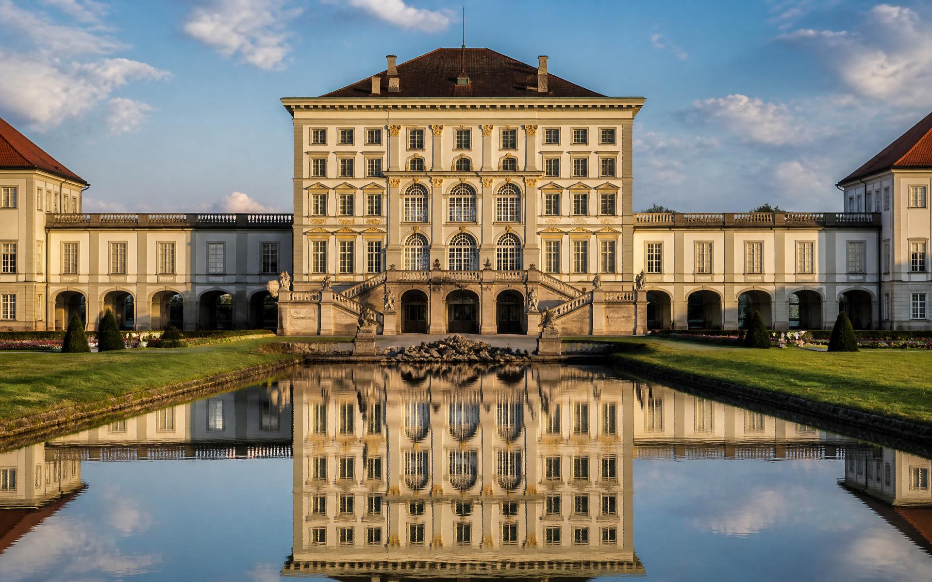 Schloss Nymphenburg in München mit Spiegelung im Kanal