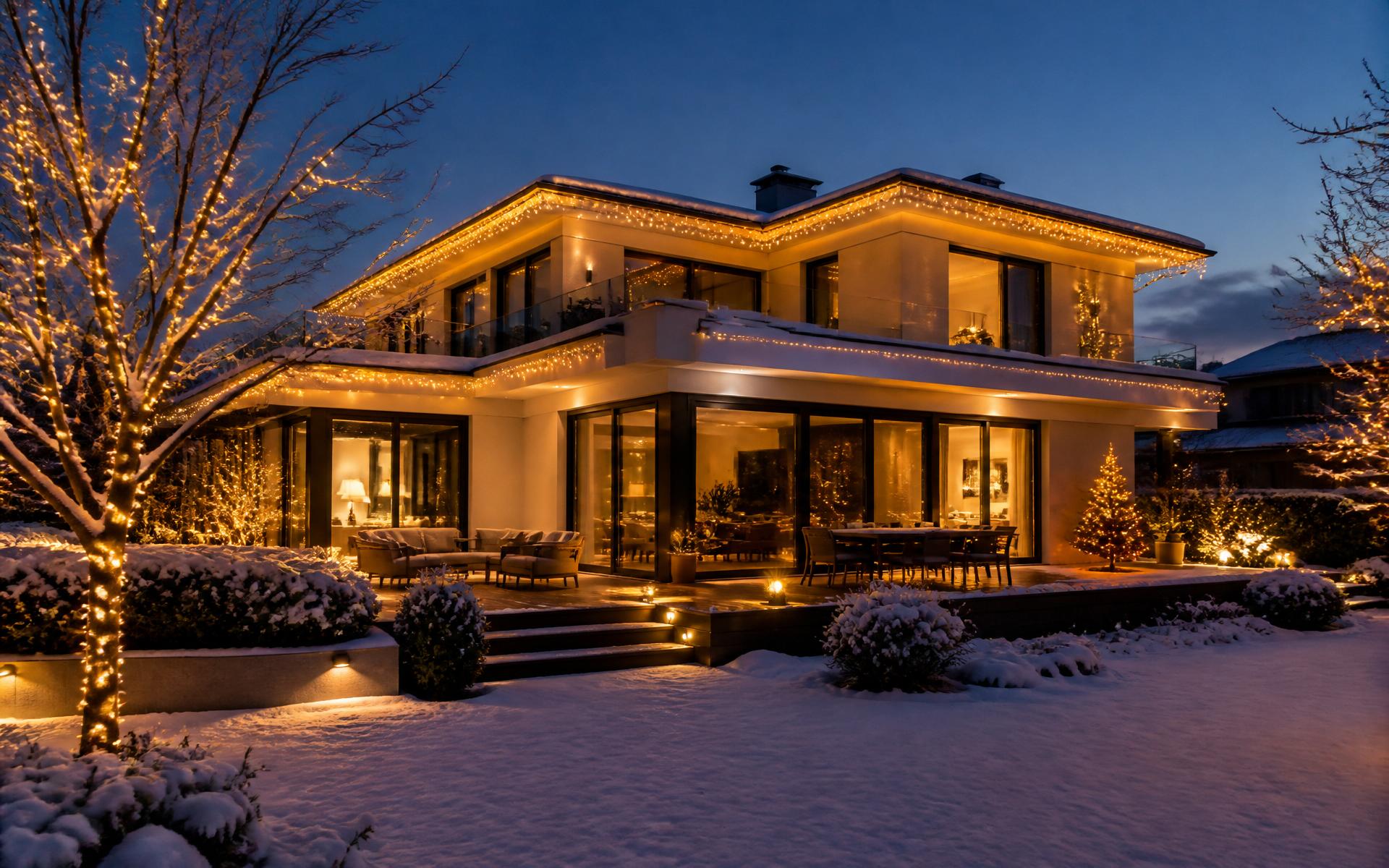 Winterliche Villa mit weihnachtlicher Beleuchtung im Schnee